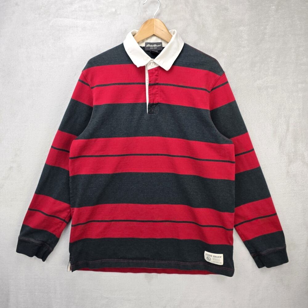 Eddie Bauer Rugby Polo Shirt Mens Large Tall Red Navy Stripe 90s Vintage Style